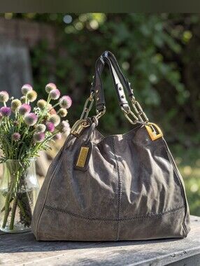 Badgley Mischka Gaia Hobo Distressed Grey Leather Shoulder Bag